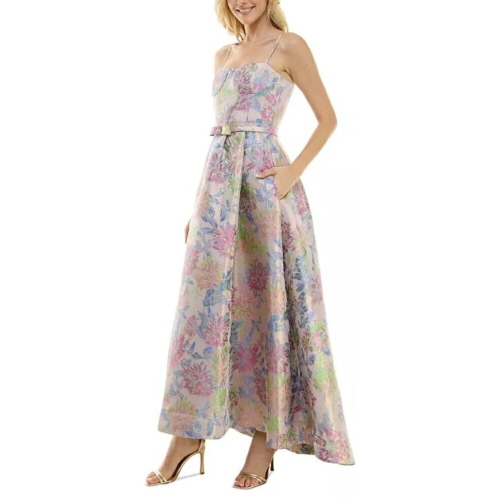 Taylor Corset Floral Jacquard Pink Belted Maxi Formal Gown Dress Size 6 NWT
